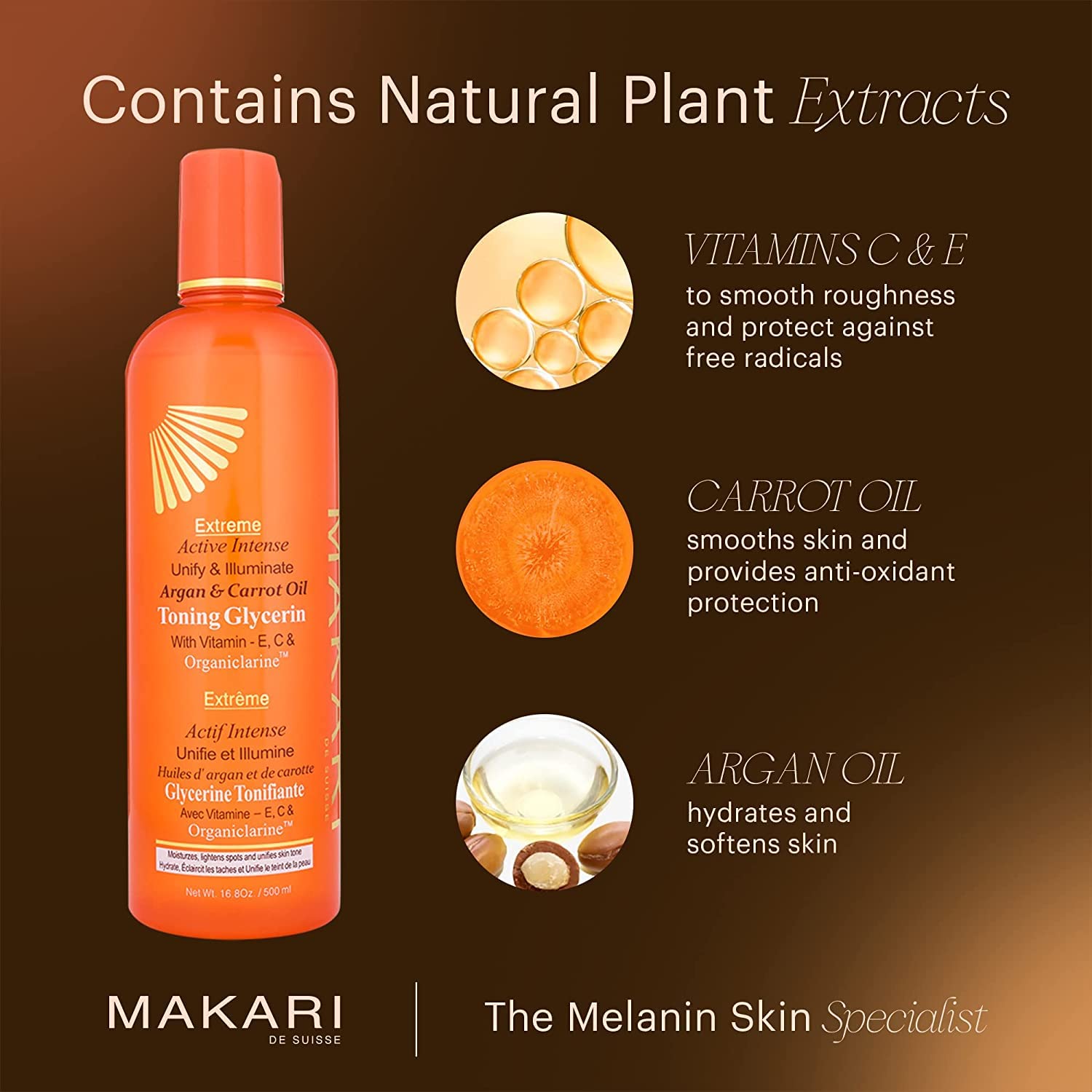 Makari Extreme Carrot & Argan Oil Skin Toning Glycerin 16.8oz - Lightening & Tightening Moisturizer for Face & Body with Organiclarine - Whitening Treatment for Dark Spots